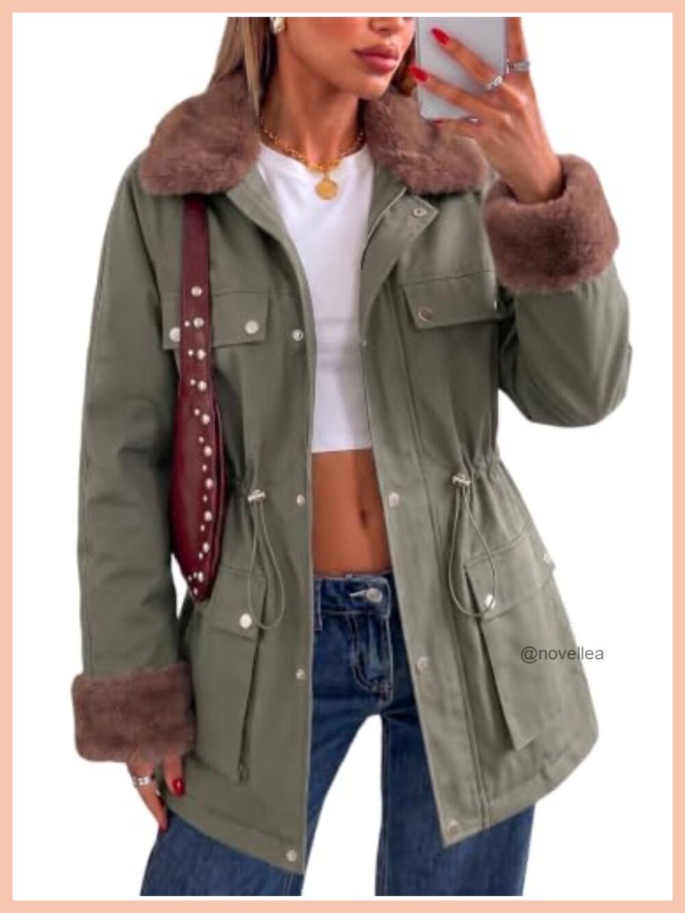 Faux Fur Collar Trench Coat Zip Up Utility Jacket Plaid Lined